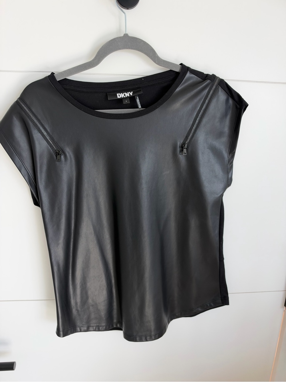 DKNY Black Faux-Leather Short Sleeve Zip-Shoulder Tee